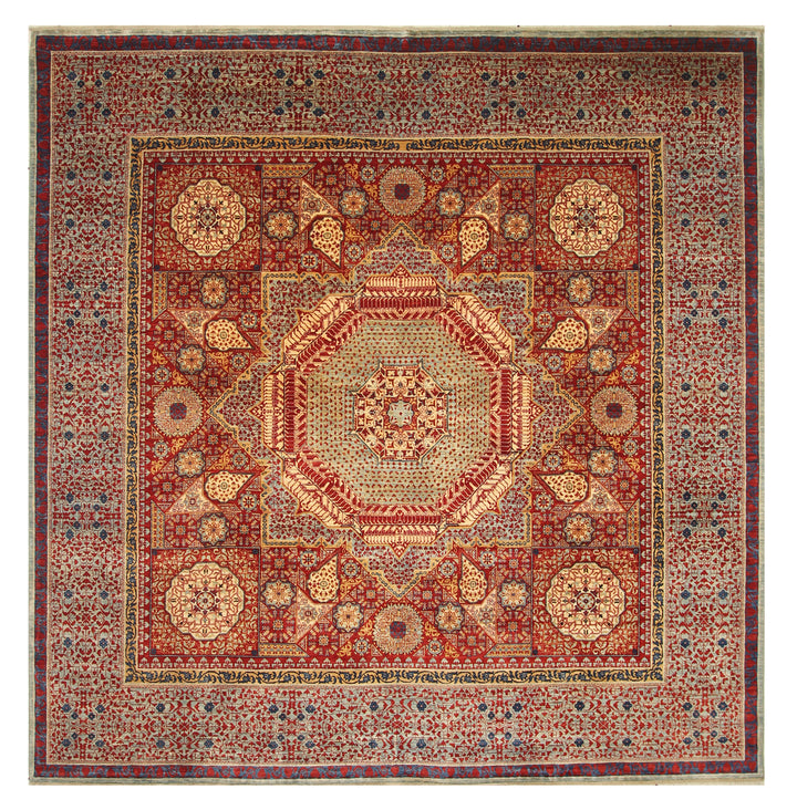 10x10 Red Mamluk Hand-Knotted Wool Medallion Square Rug - Yildiz Rugs