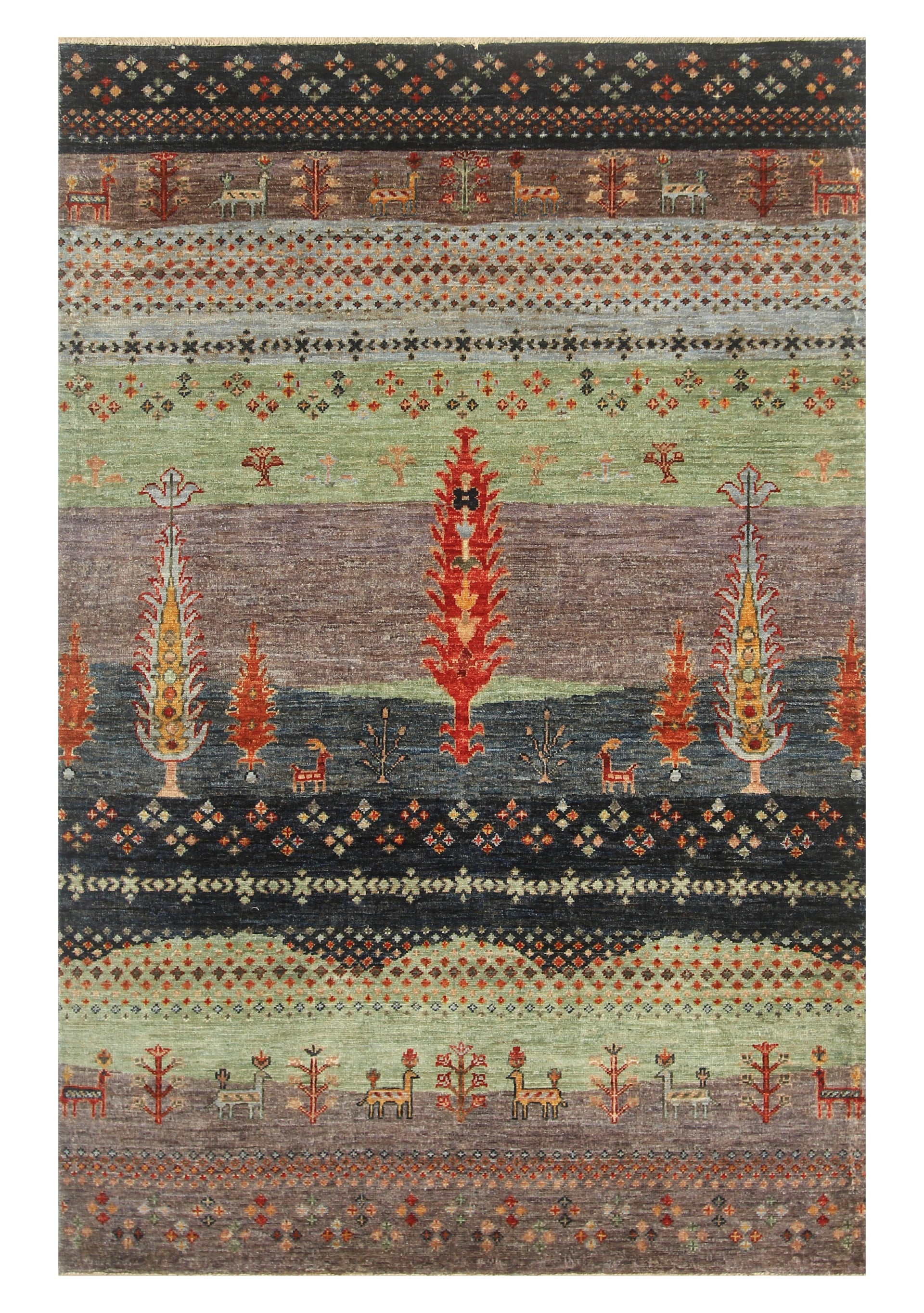 4x6 Purple Green Gabbeh Tree of life Afghan Hand knotted Rug