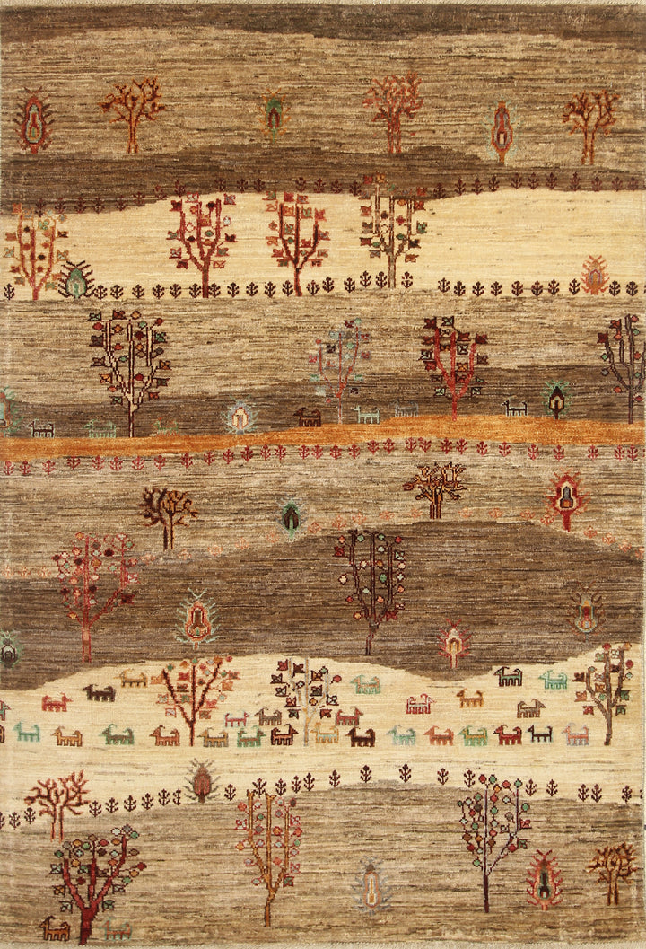 4x6 Beige Gray Gabbeh Afghan Hand-Knotted Wool Tree Rug - Yildiz Rugs