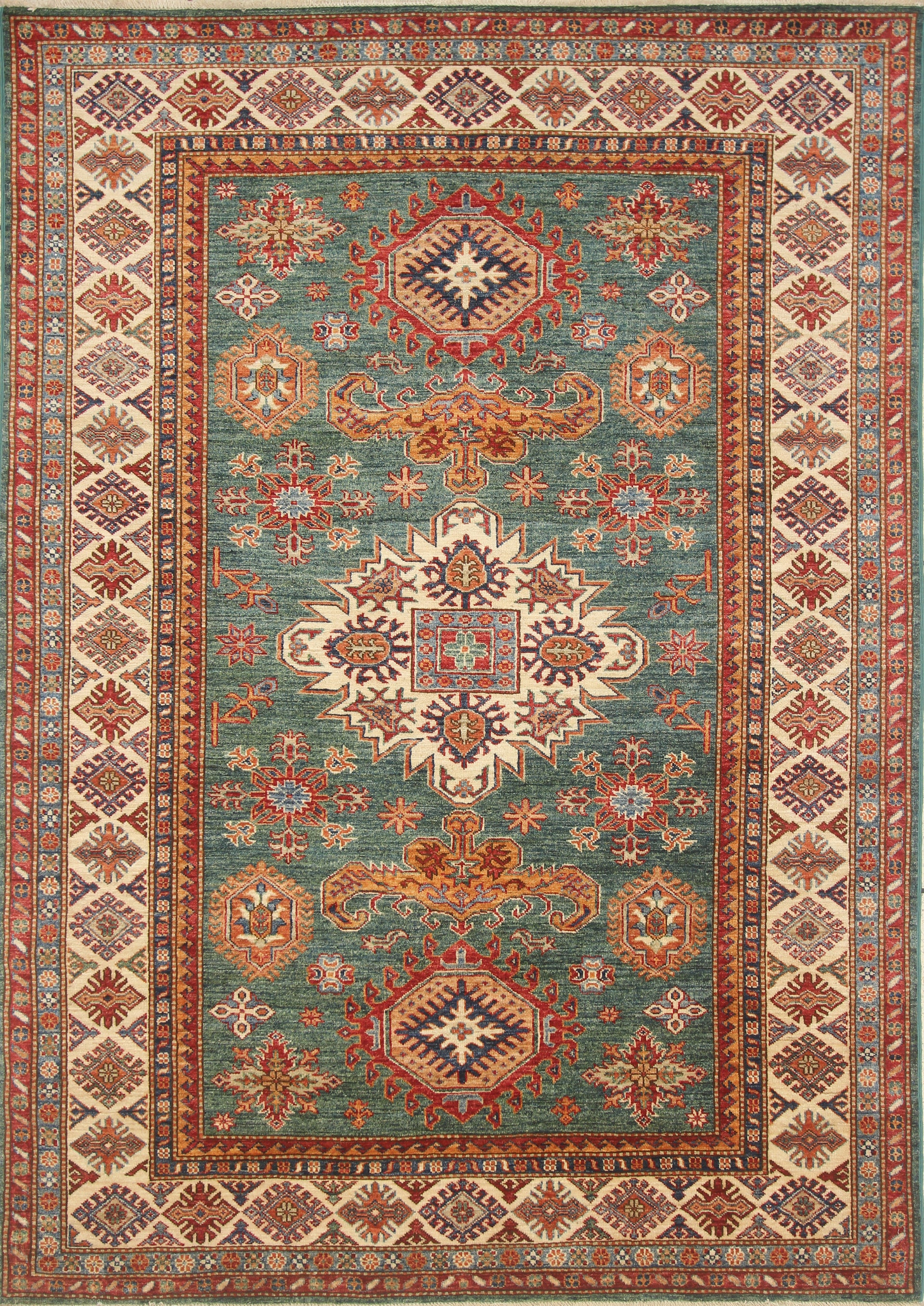 6x8 Green Afghan Kazak Hand-Knotted Wool geometric Rug - Yildiz Rugs