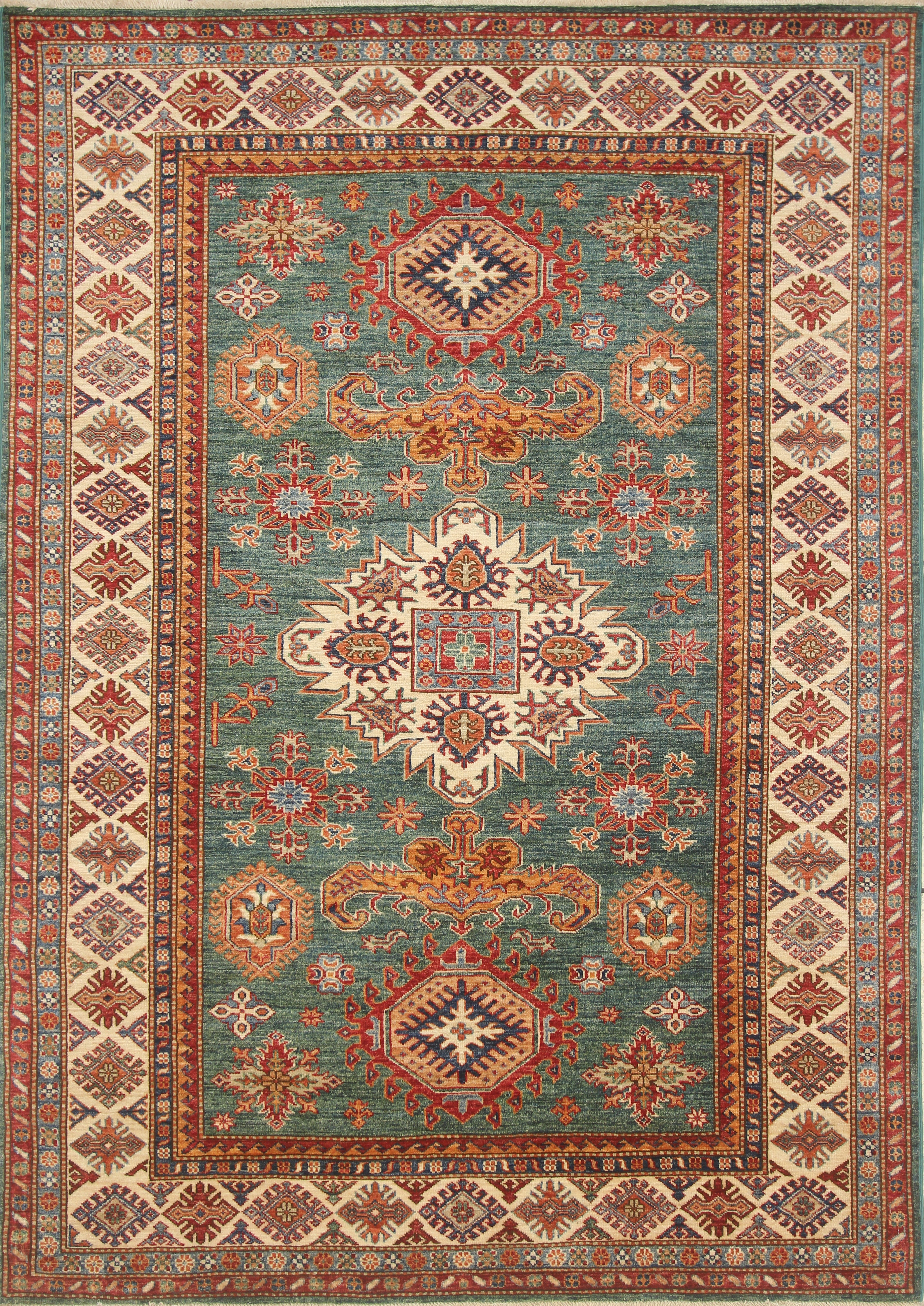 6x8 Green Afghan Kazak Hand-Knotted Wool geometric Rug - Yildiz Rugs