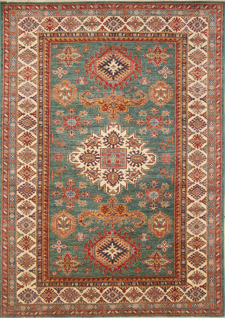 6x8 Green Afghan Kazak Hand-Knotted Wool geometric Rug - Yildiz Rugs