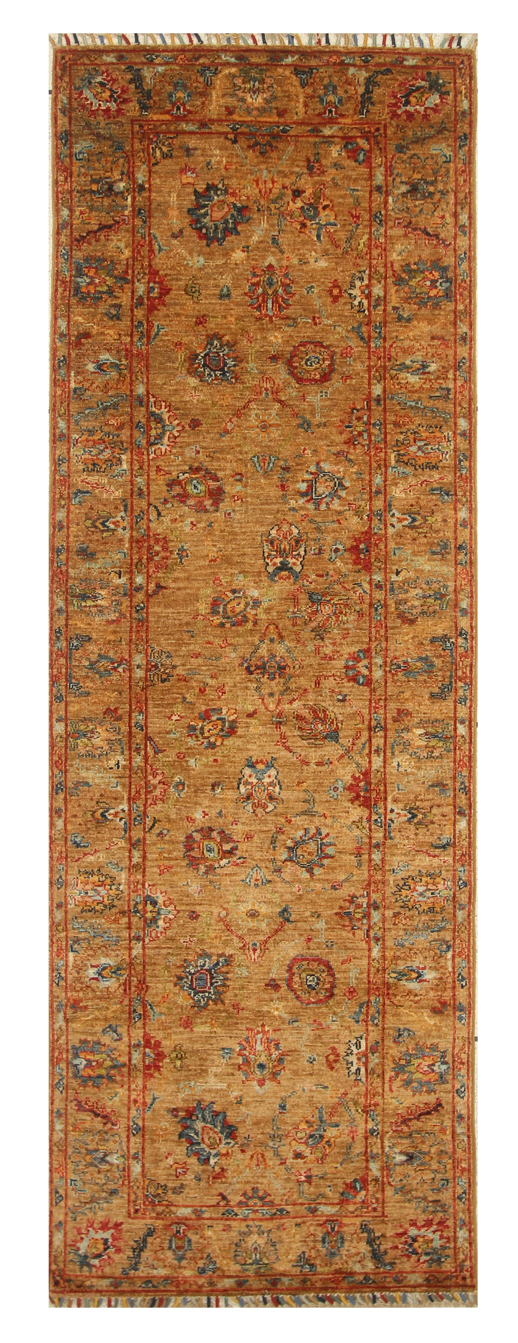 8 ft Orange Waziri Afghan Hand-Knotted Wool Runner Rug - Yildiz Rugs