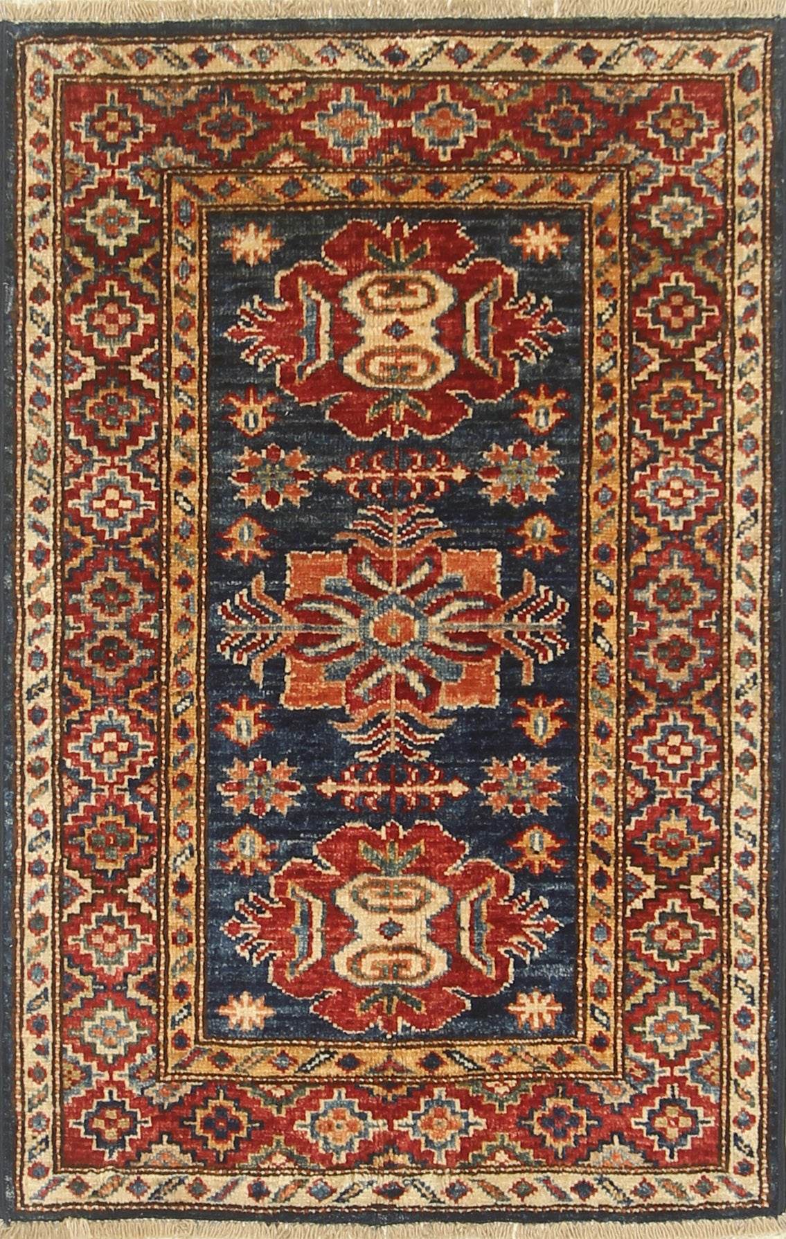 2x3 Navy Blue Kazak Hand-Knotted Afghan Rug - Yildiz Rugs