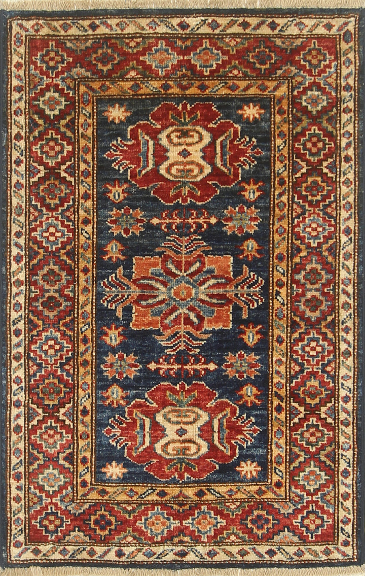 2x3 Navy Blue Kazak Hand-Knotted Afghan Rug - Yildiz Rugs
