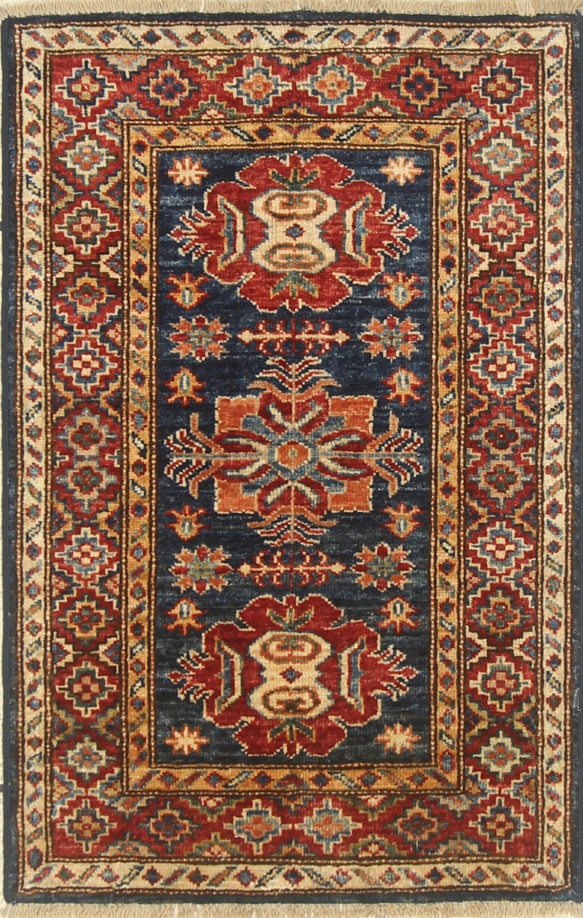 2x3 Navy Blue Kazak Hand-Knotted Afghan Wool Rug - Yildiz Rugs