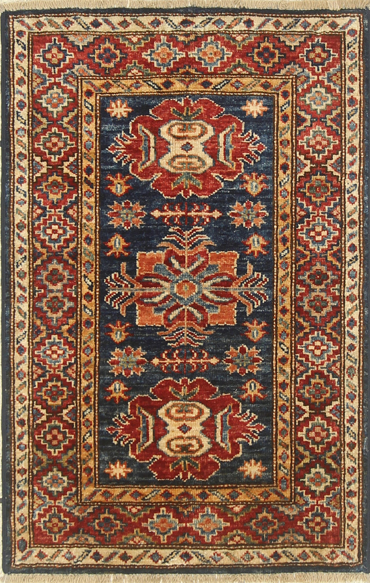 2x3 Navy Blue Kazak Hand-Knotted Afghan Wool Rug - Yildiz Rugs