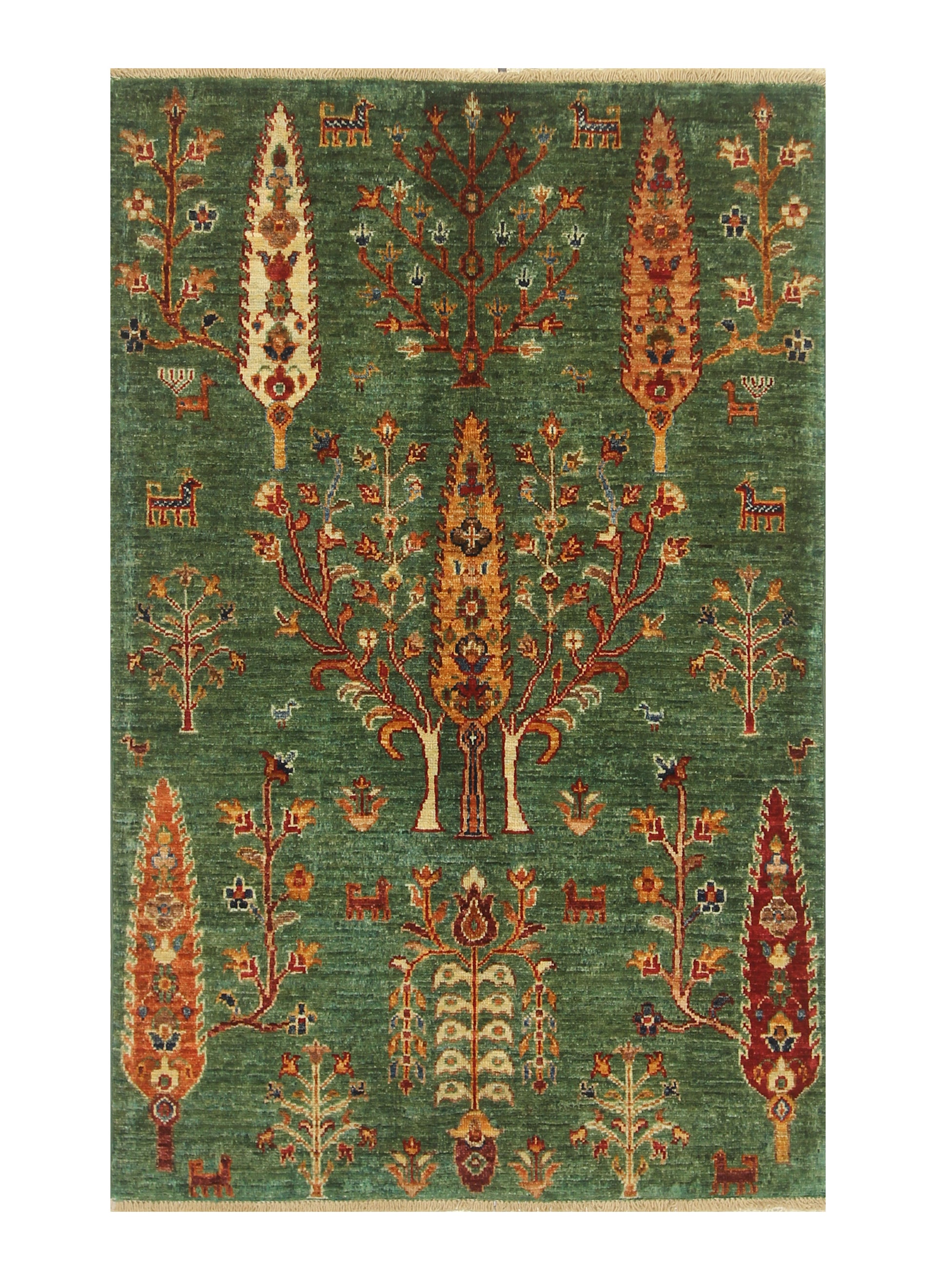 3x4 Tree of Life Gabbeh Green Afghan Hand-Knotted Rug - Yildiz Rugs