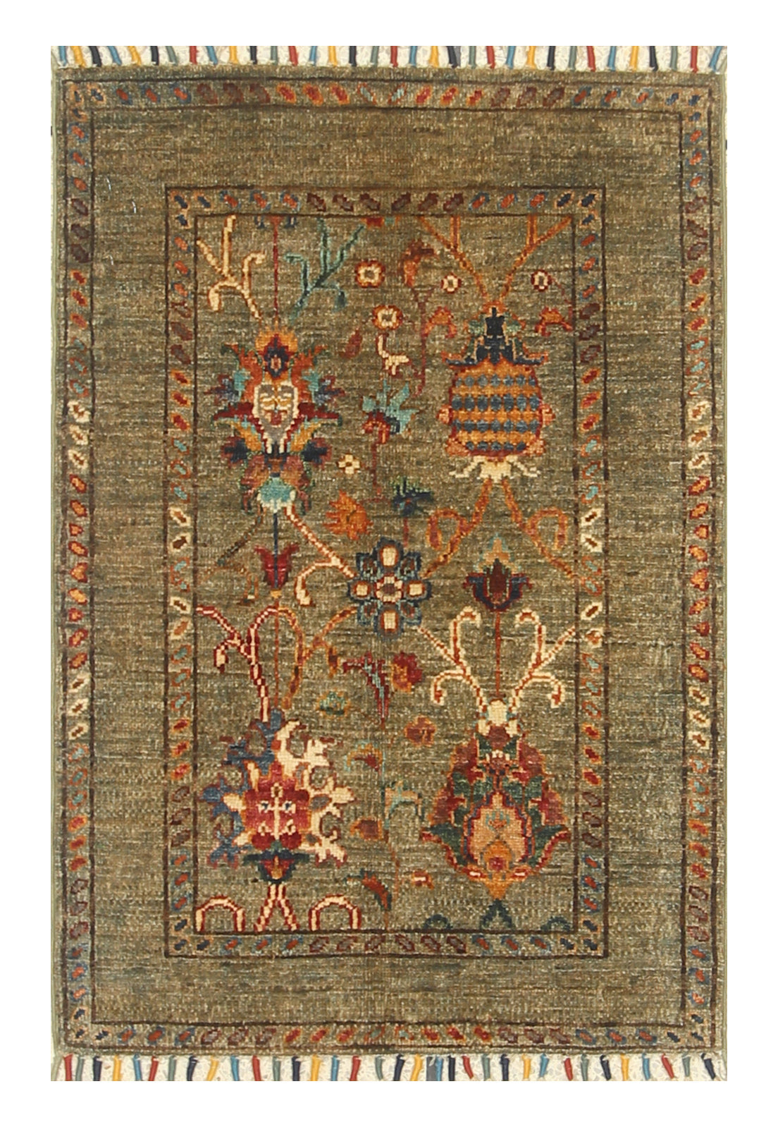 2x3 Green Afghan Waziri Hand Knotted Wool Rug - Yildiz Rugs