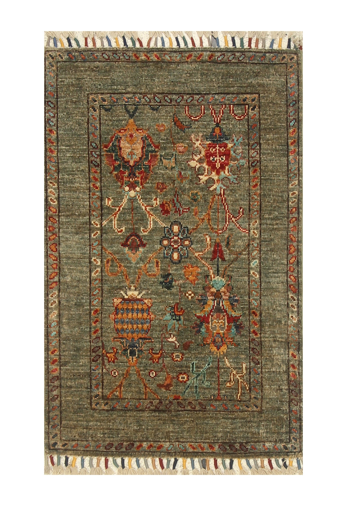 2x3 Green Afghan Waziri Floral Hand Knotted Rug - Yildiz Rugs