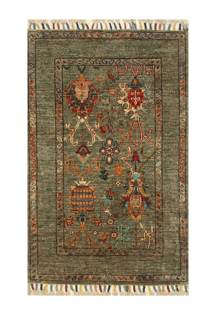 2x3 Green Afghan Waziri Floral Hand Knotted Rug - Yildiz Rugs