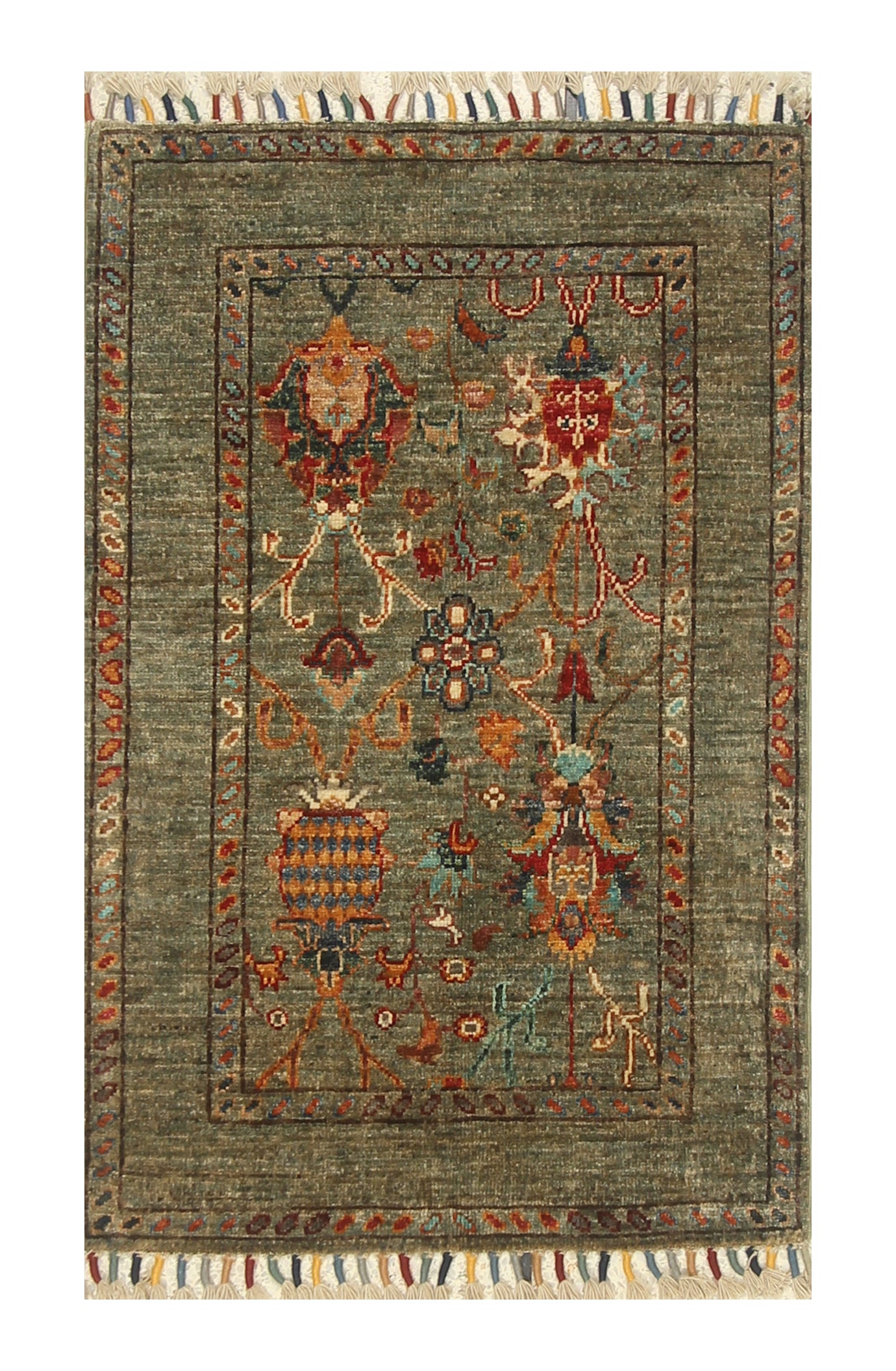 2x3 Green Afghan Waziri Hand Knotted Wool Rug - Yildiz Rugs