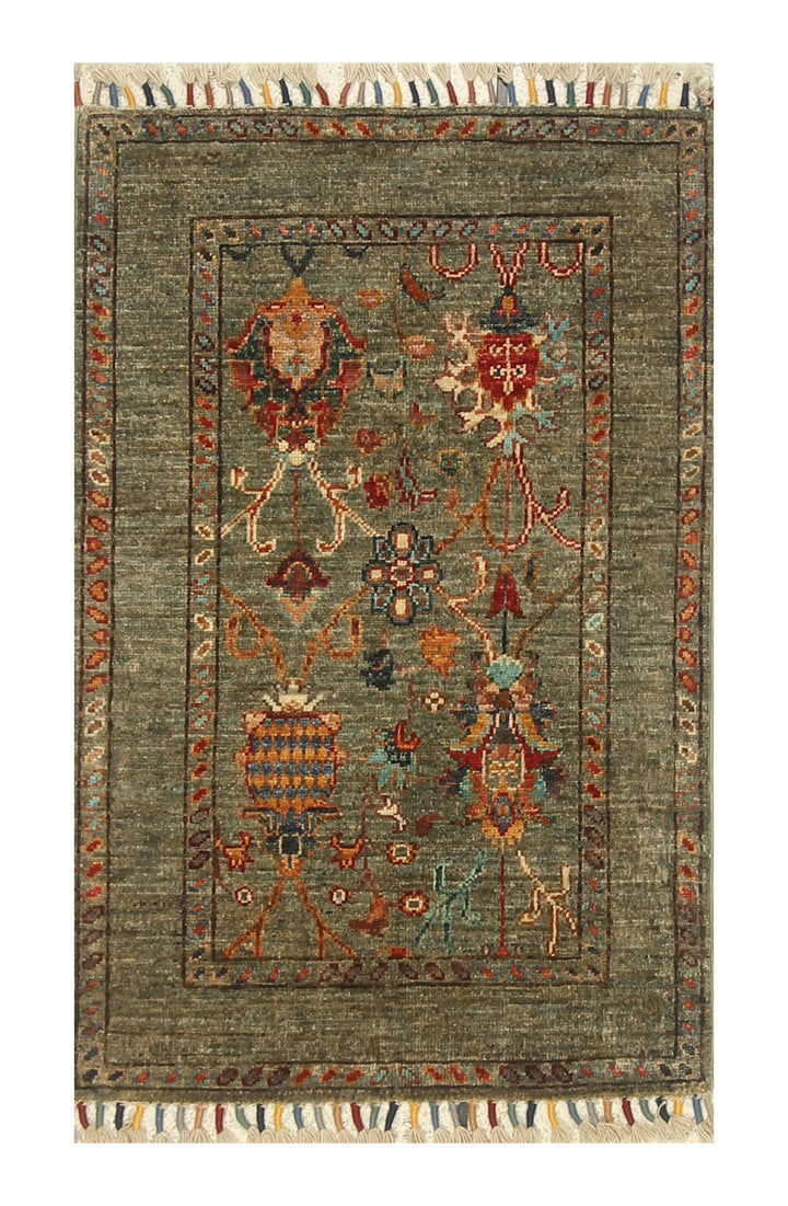 2x3 Green Afghan Waziri Hand Knotted Wool Rug - Yildiz Rugs