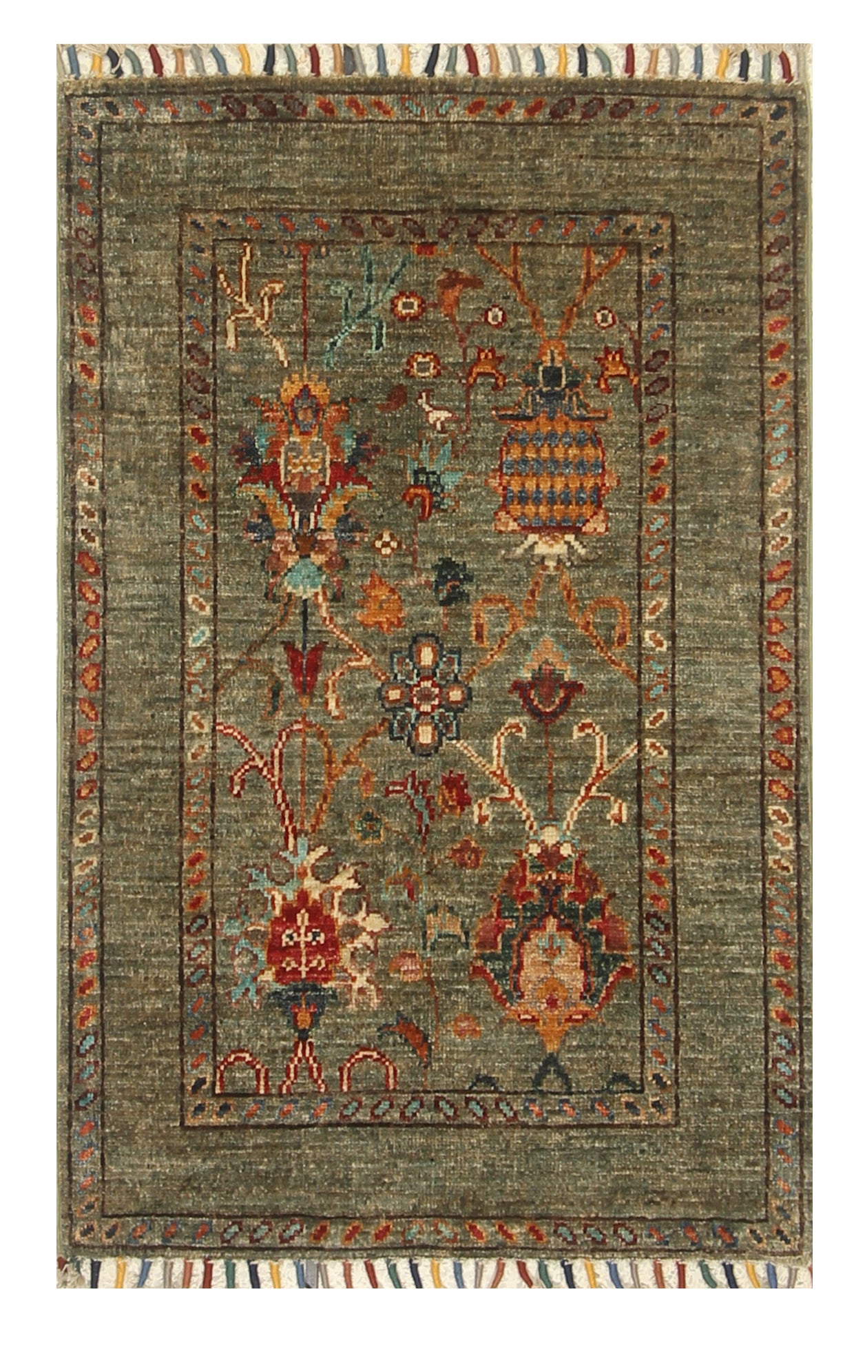 2x3 Green Afghan Waziri Floral Hand Knotted Rug