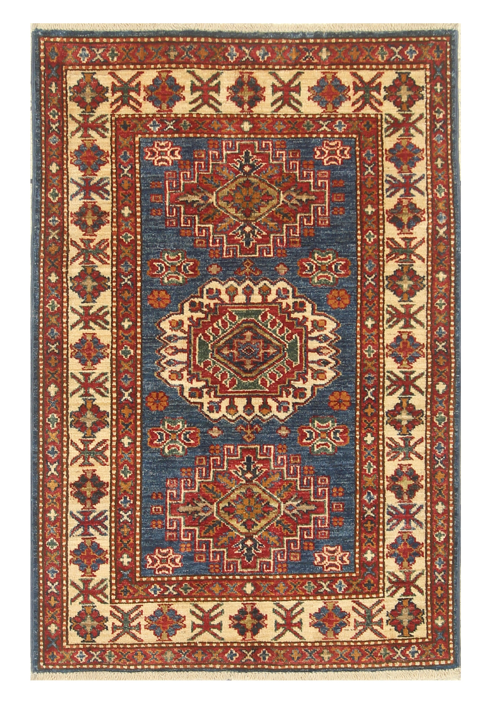 3x4 Navy Blue Kazak Afghan Hand-knotted Wool Rug - Yildiz Rugs