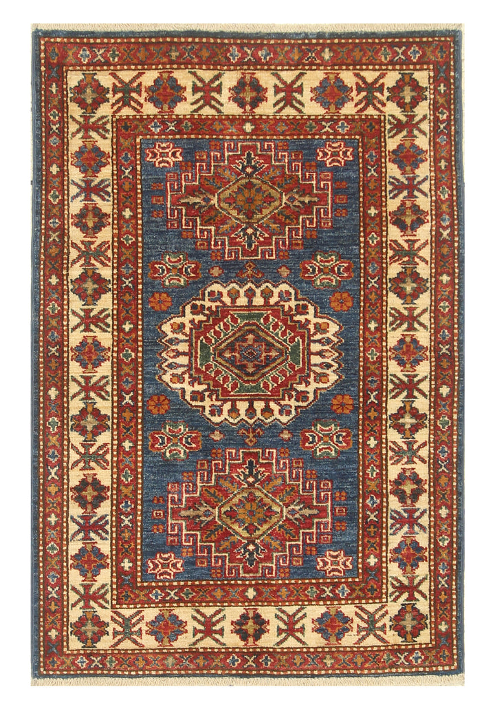 3x4 Navy Blue Kazak Afghan Hand-knotted Wool Rug - Yildiz Rugs