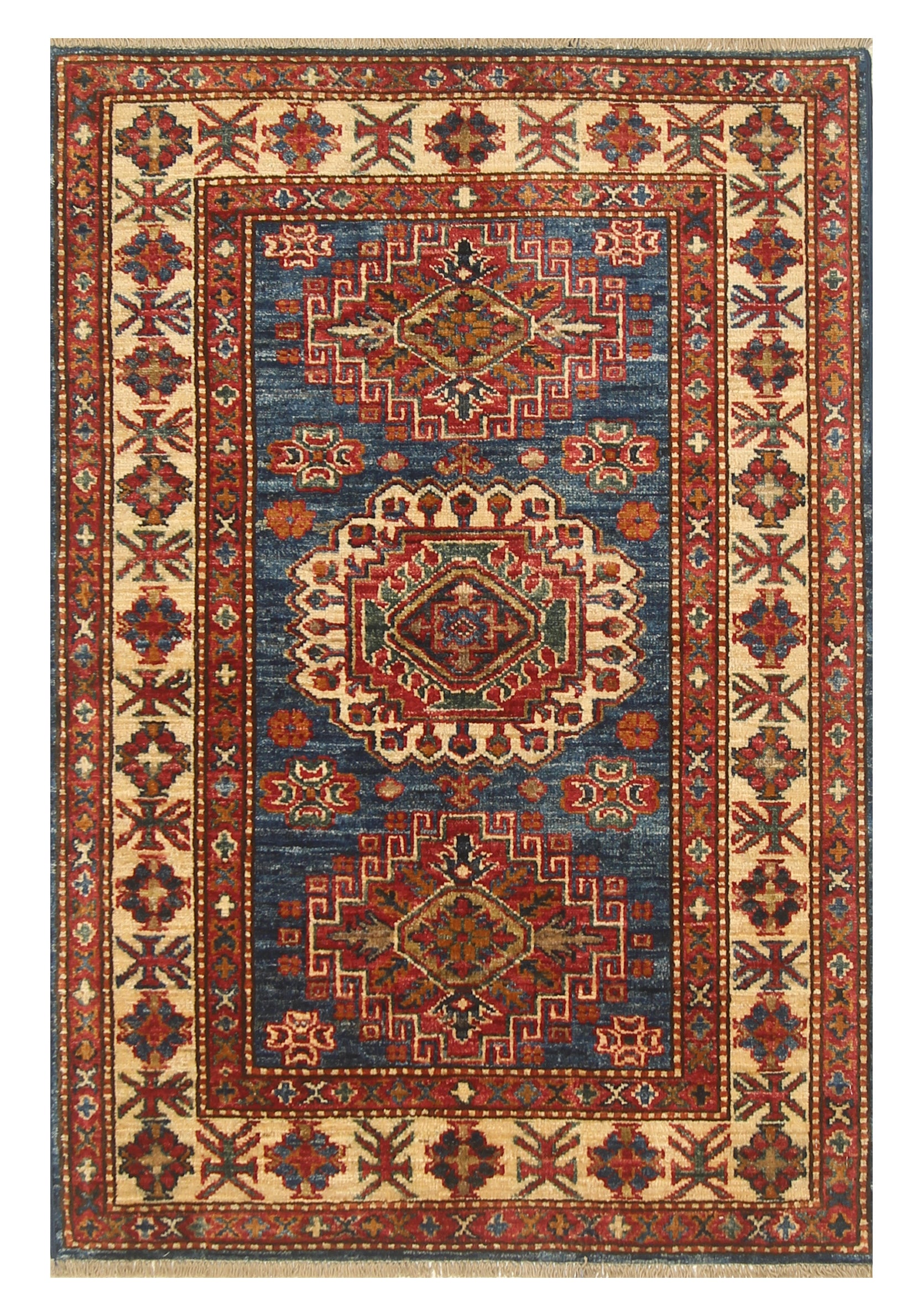 3x4 Blue Afghan Kazak Hand-knotted Rug