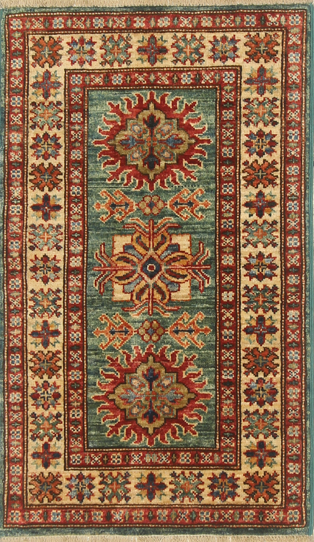 2x3 Green Kazak Hand-Knotted Afghan Rug - Yildiz Rugs