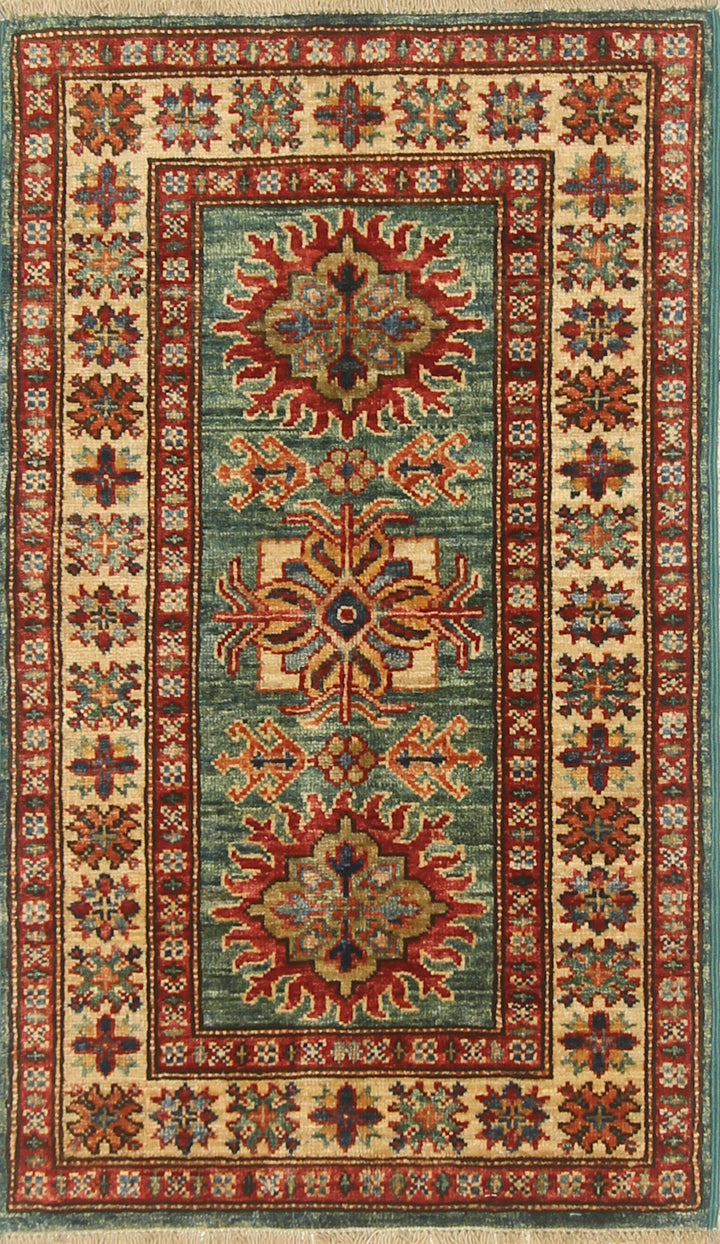 2x3 Green Kazak Hand-Knotted Afghan Rug - Yildiz Rugs