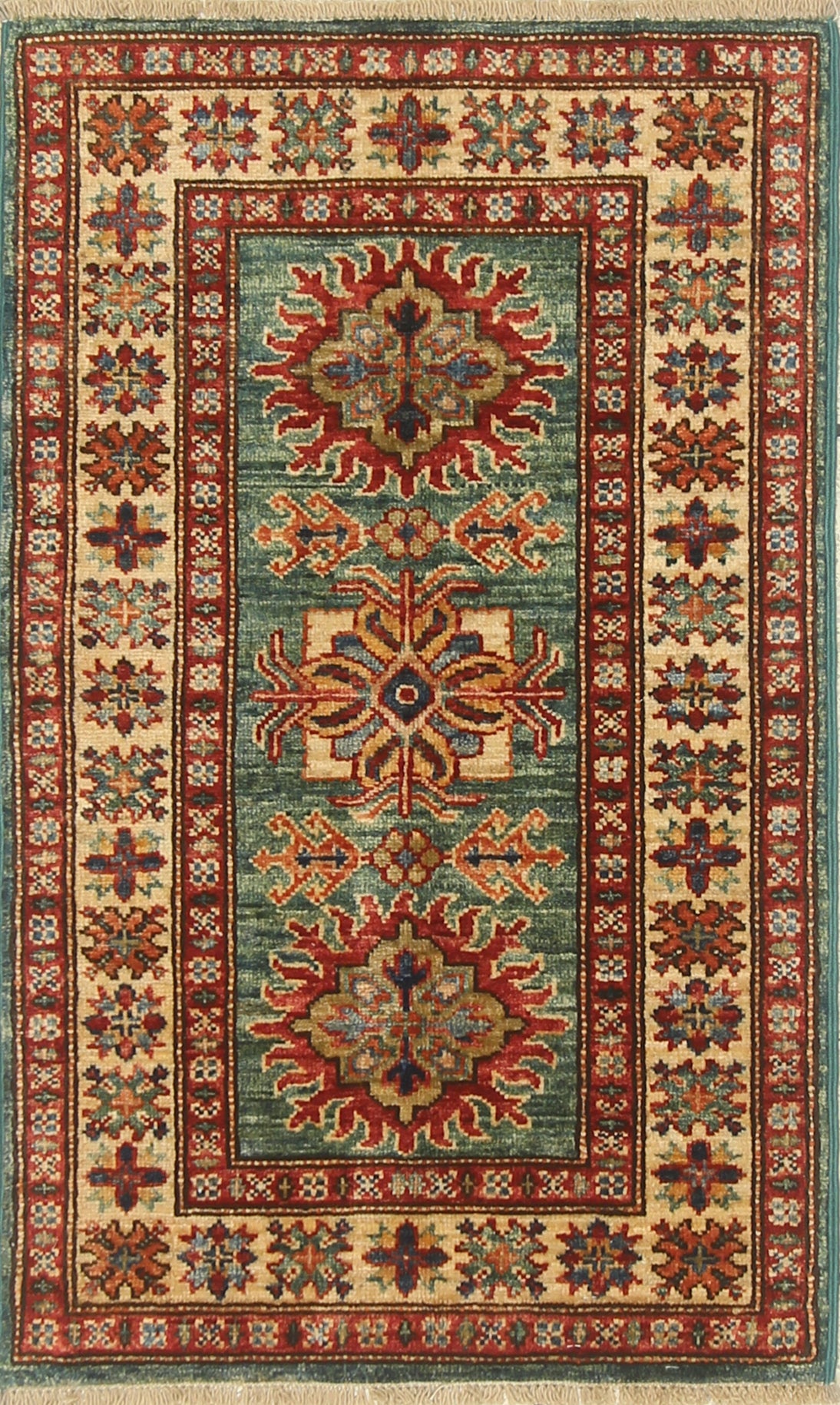 2x3 Green Kazak Hand-Knotted Afghan Small Rug - Yildiz Rugs
