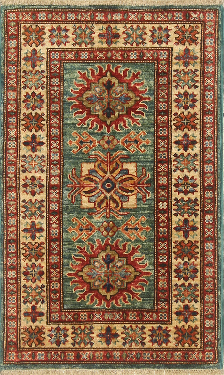 2x3 Green Kazak Hand-Knotted Afghan Small Rug - Yildiz Rugs