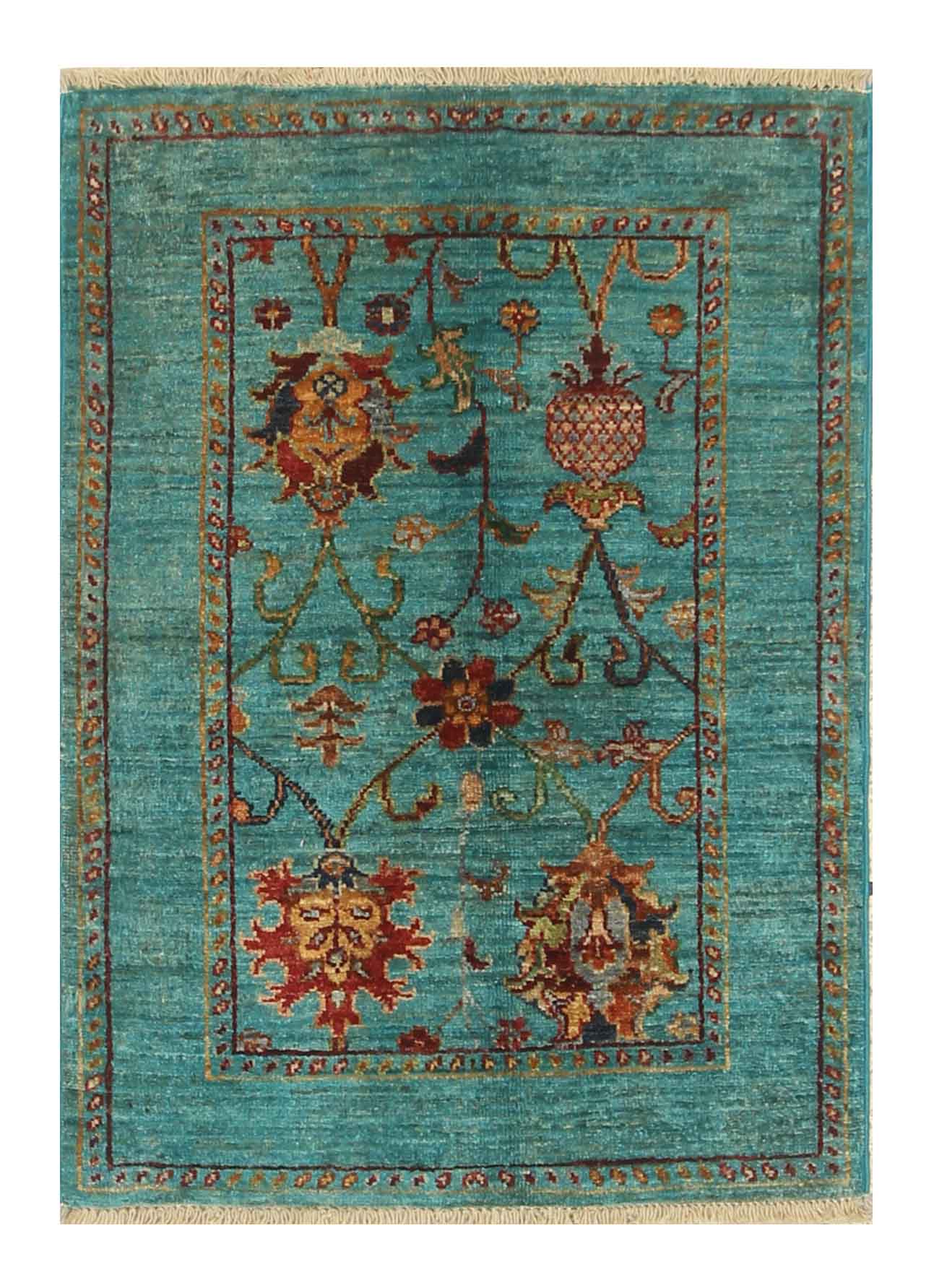 2x3 Waziri Afghan Turquoise Blue Hand Knotted Rug