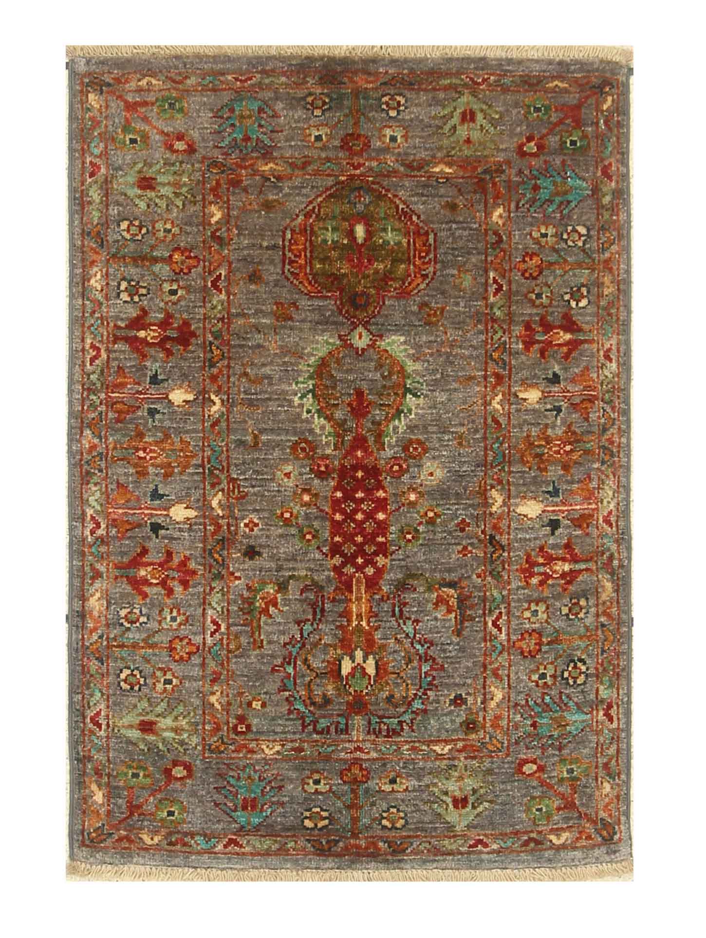 2x3 Gray Afghan Waziri Floral Hand Knotted Rug - Yildiz Rugs