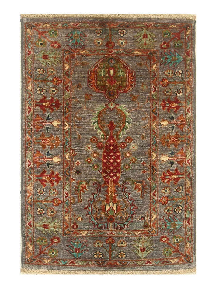 2x3 Gray Afghan Waziri Floral Hand Knotted Rug - Yildiz Rugs