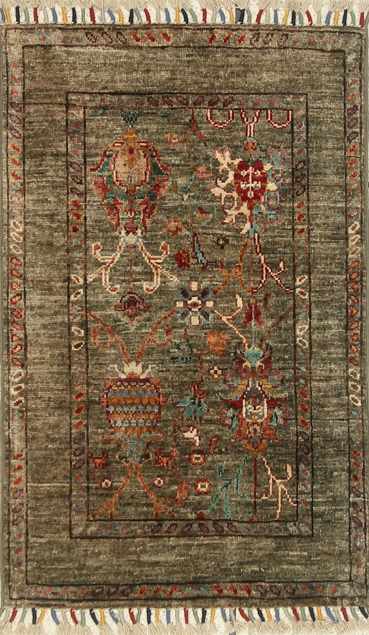 2x3 Green Afghan Waziri Floral Hand Knotted Rug - Yildiz Rugs