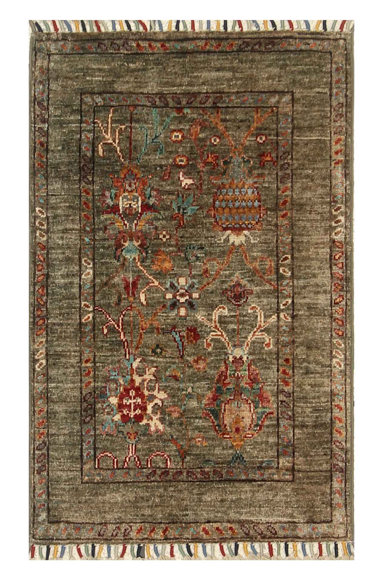 2x3 Green Afghan Waziri Floral Hand Knotted Rug - Yildiz Rugs