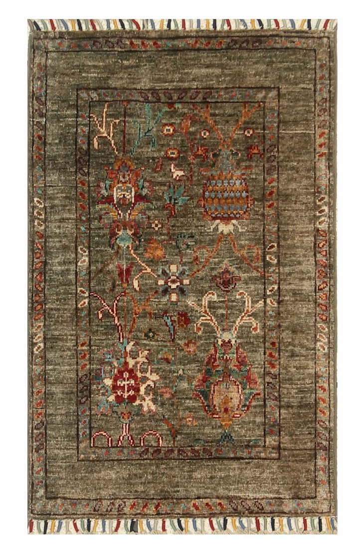 2x3 Green Afghan Waziri Floral Hand Knotted Rug - Yildiz Rugs