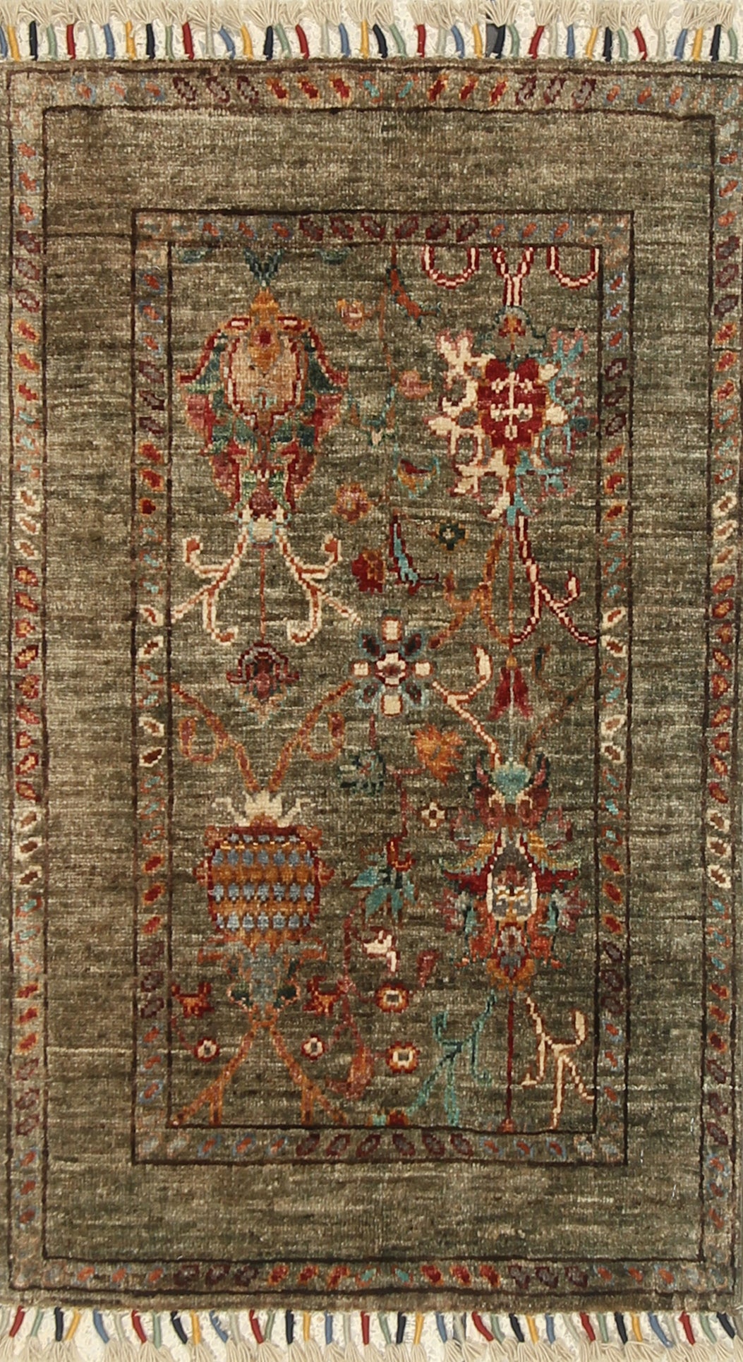 2x3 Green Afghan Waziri Floral Hand Knotted Rug