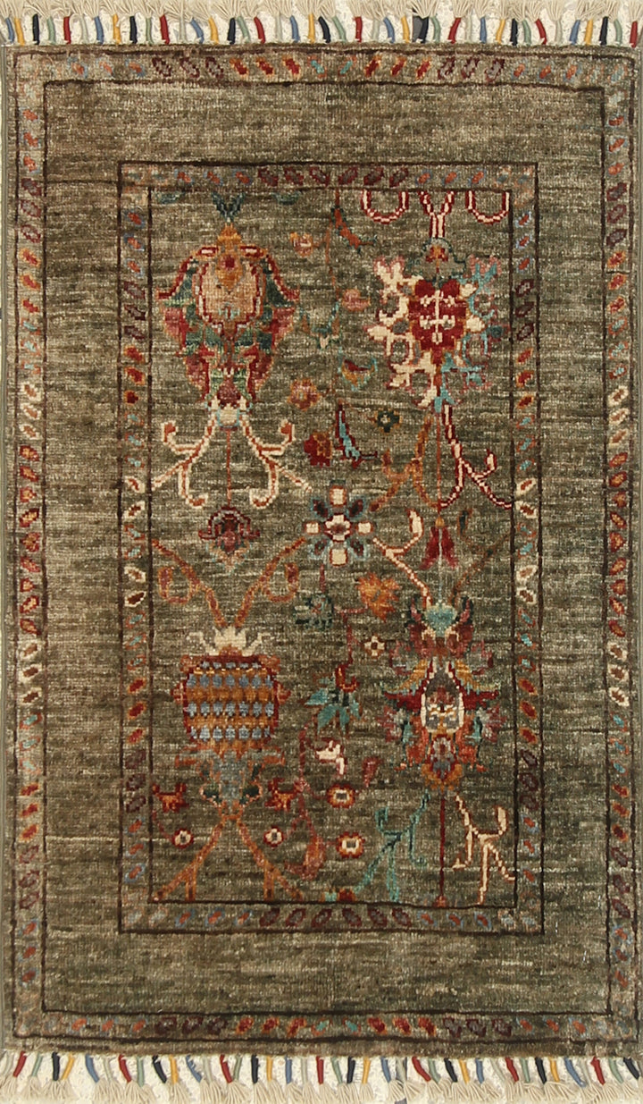 2x3 Green Afghan Waziri Hand Knotted Wool Rug - Yildiz Rugs