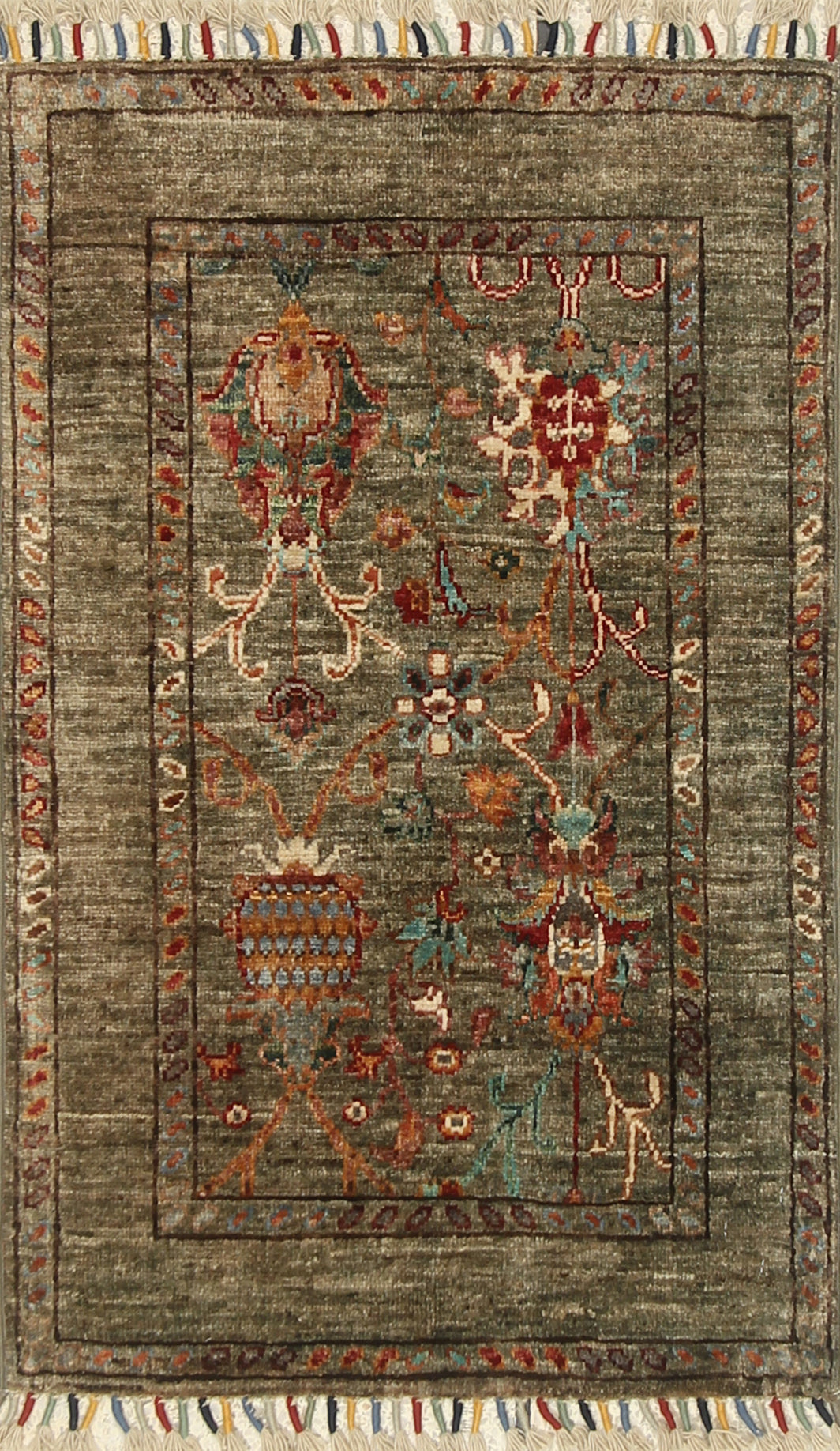 2x3 Green Afghan Waziri Floral Hand Knotted Rug - Yildiz Rugs