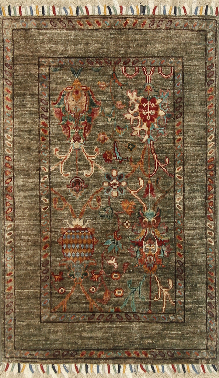 2x3 Green Afghan Waziri Floral Hand Knotted Rug - Yildiz Rugs