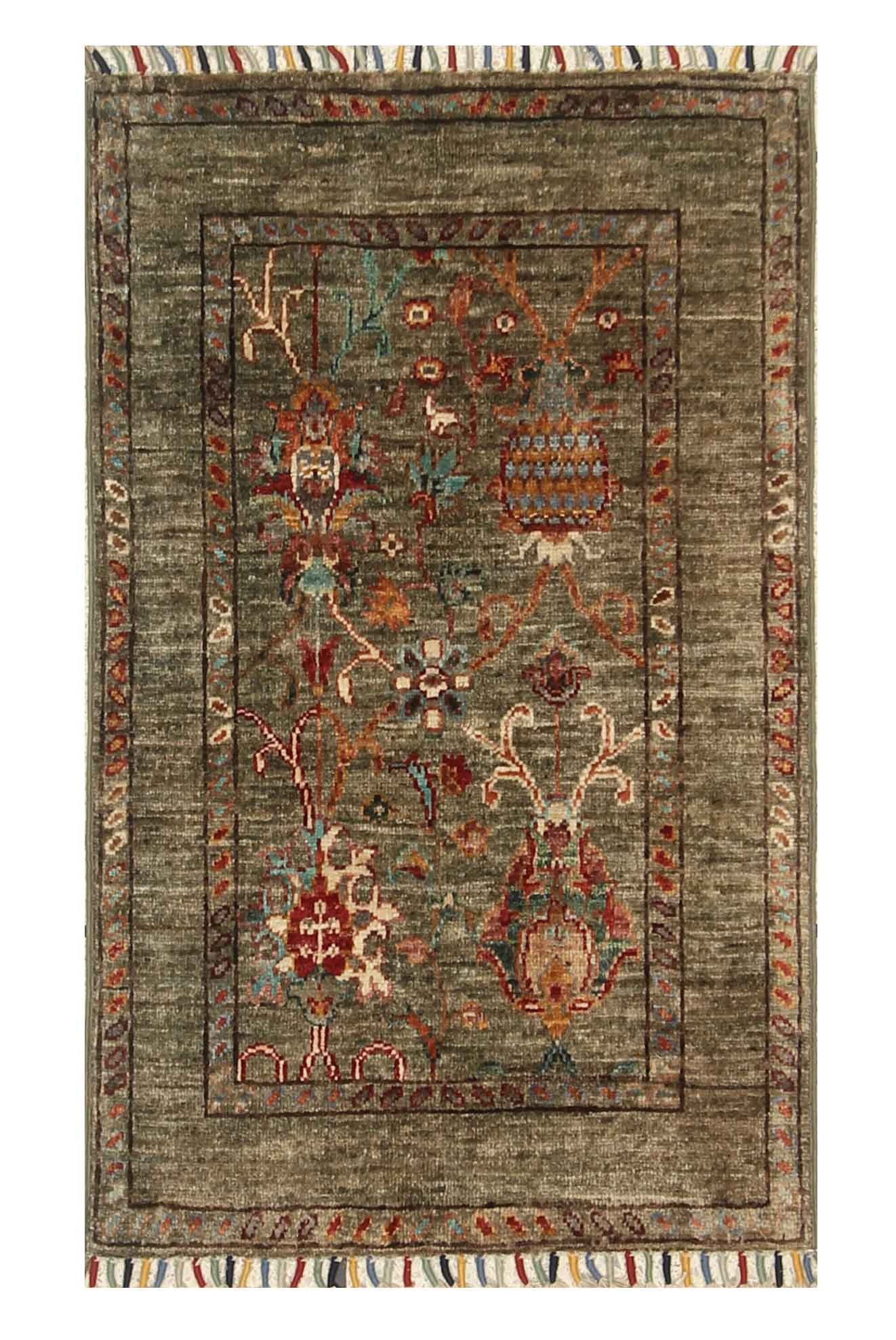 2x3 Green Afghan Waziri Floral Hand Knotted Rug - Yildiz Rugs