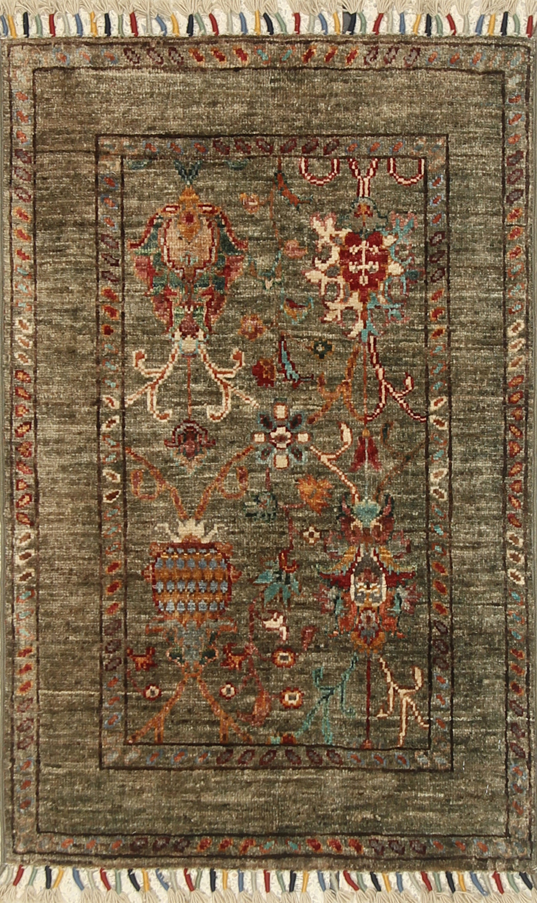 2x3 Green Afghan Waziri Floral Hand Knotted Rug - Yildiz Rugs