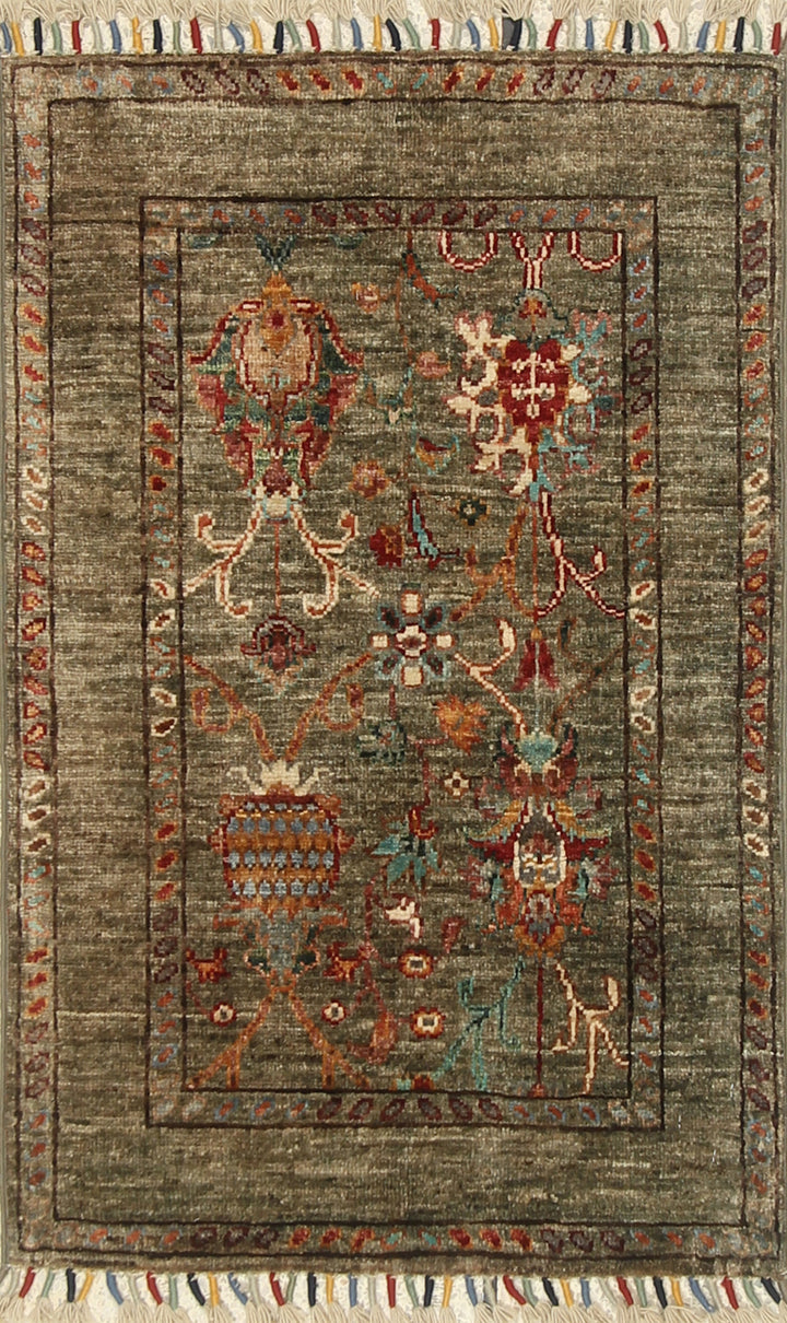 2x3 Green Afghan Waziri Floral Hand Knotted Rug - Yildiz Rugs