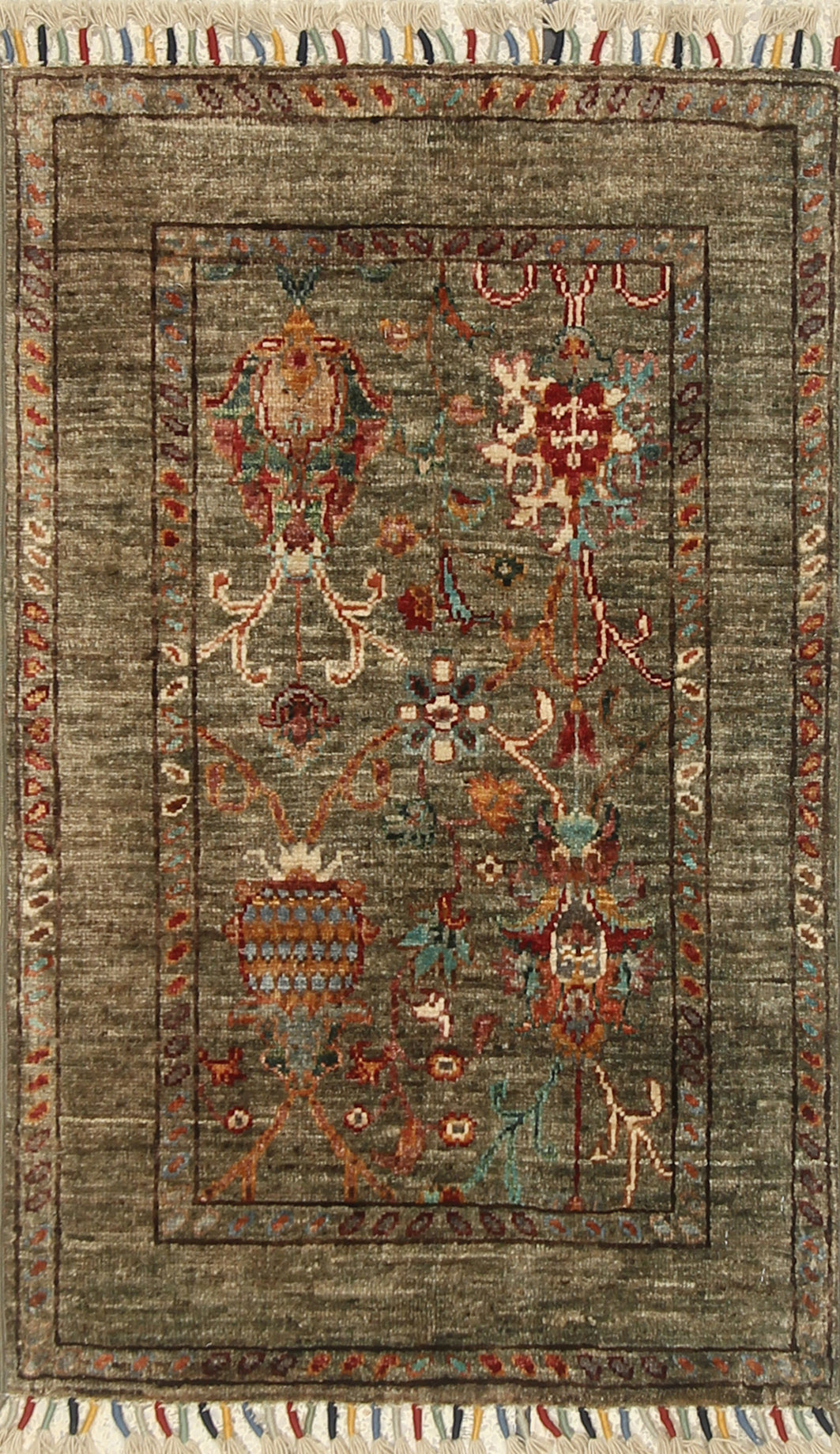 2x3 Green Afghan Waziri Floral Hand Knotted Rug - Yildiz Rugs