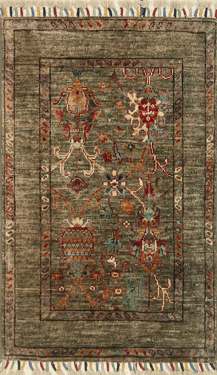 2x3 Green Afghan Waziri Floral Hand Knotted Rug - Yildiz Rugs