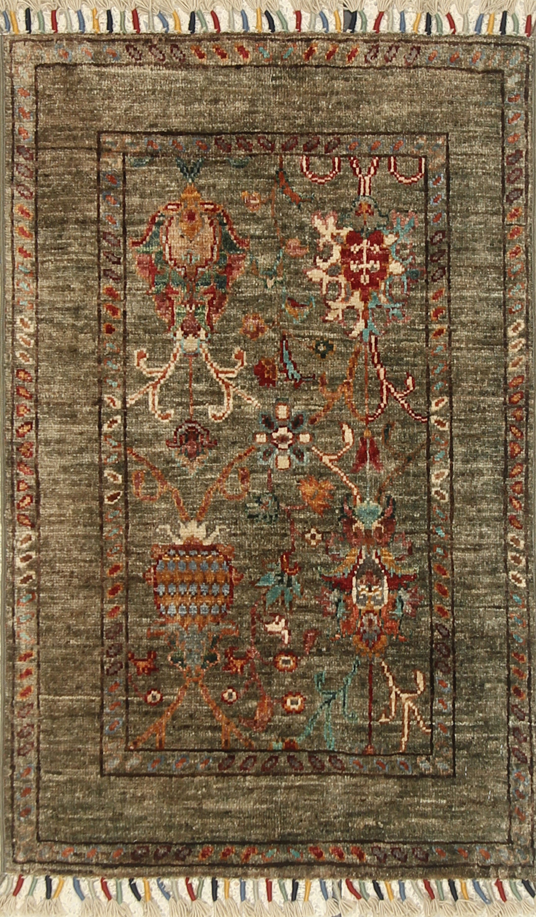 2x3 Green Afghan Waziri Floral Hand Knotted Wool Rug - Yildiz Rugs