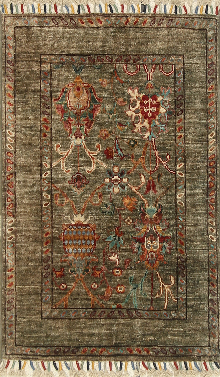 2x3 Green Afghan Waziri Floral Hand Knotted Wool Rug - Yildiz Rugs