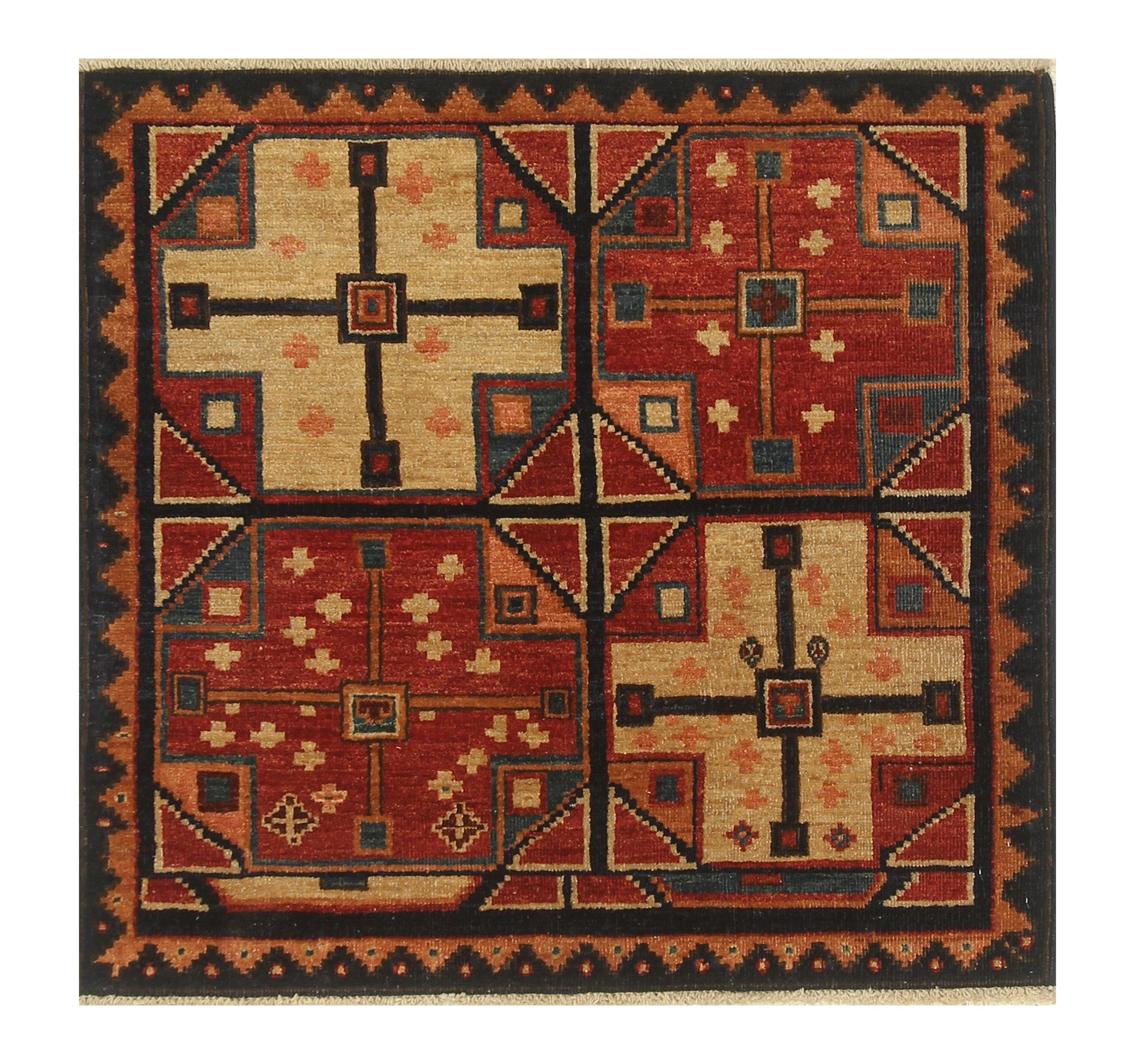 3x3 Red Blue Afghan Hand Knotted Vintage Square Rug