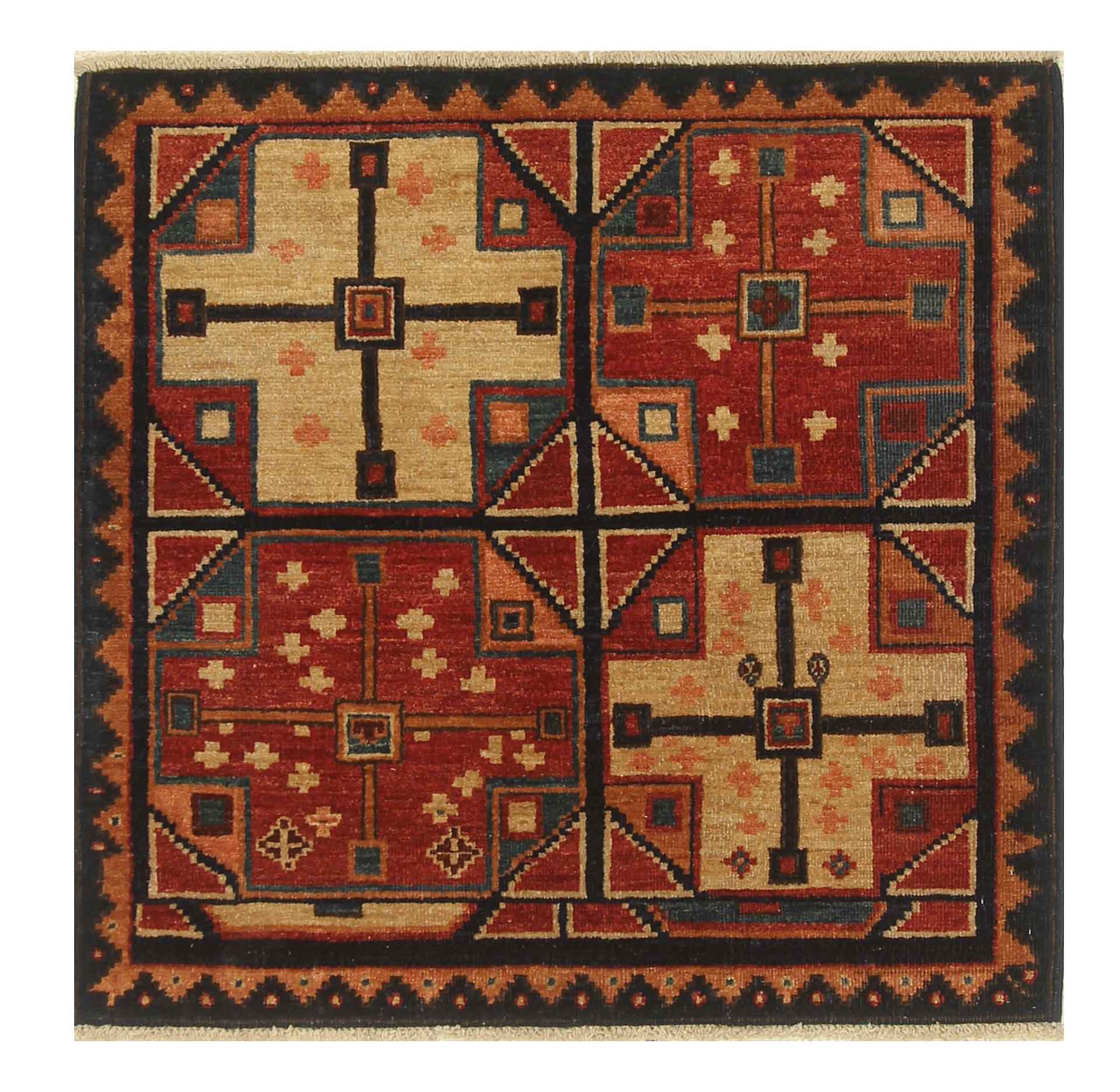 3x3 Red Blue Afghan Hand Knotted Sqaure Rug - Yildiz Rugs