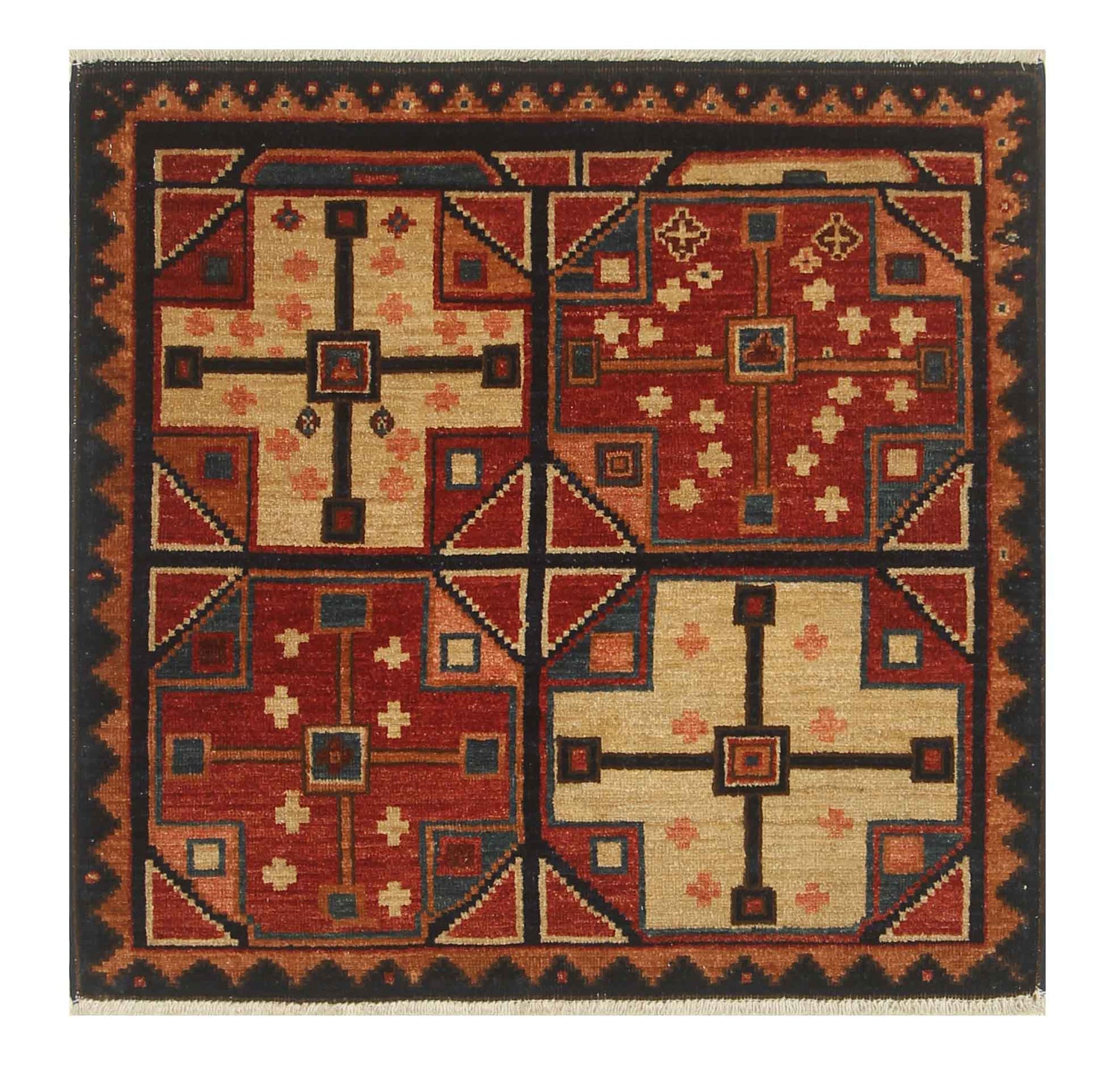 3x3 Red Blue Afghan Hand Knotted Vintage Square Rug