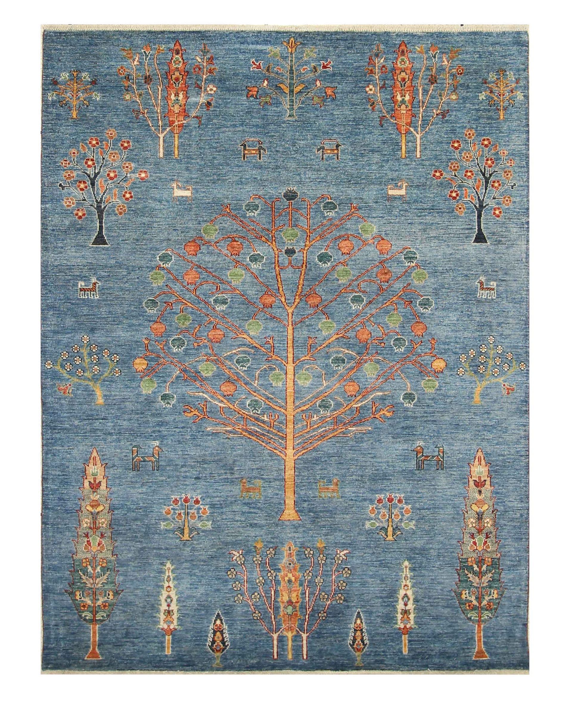 5x7 Blue Gabbeh Hand-Knotted Afghan Wool Tree of Life Rug