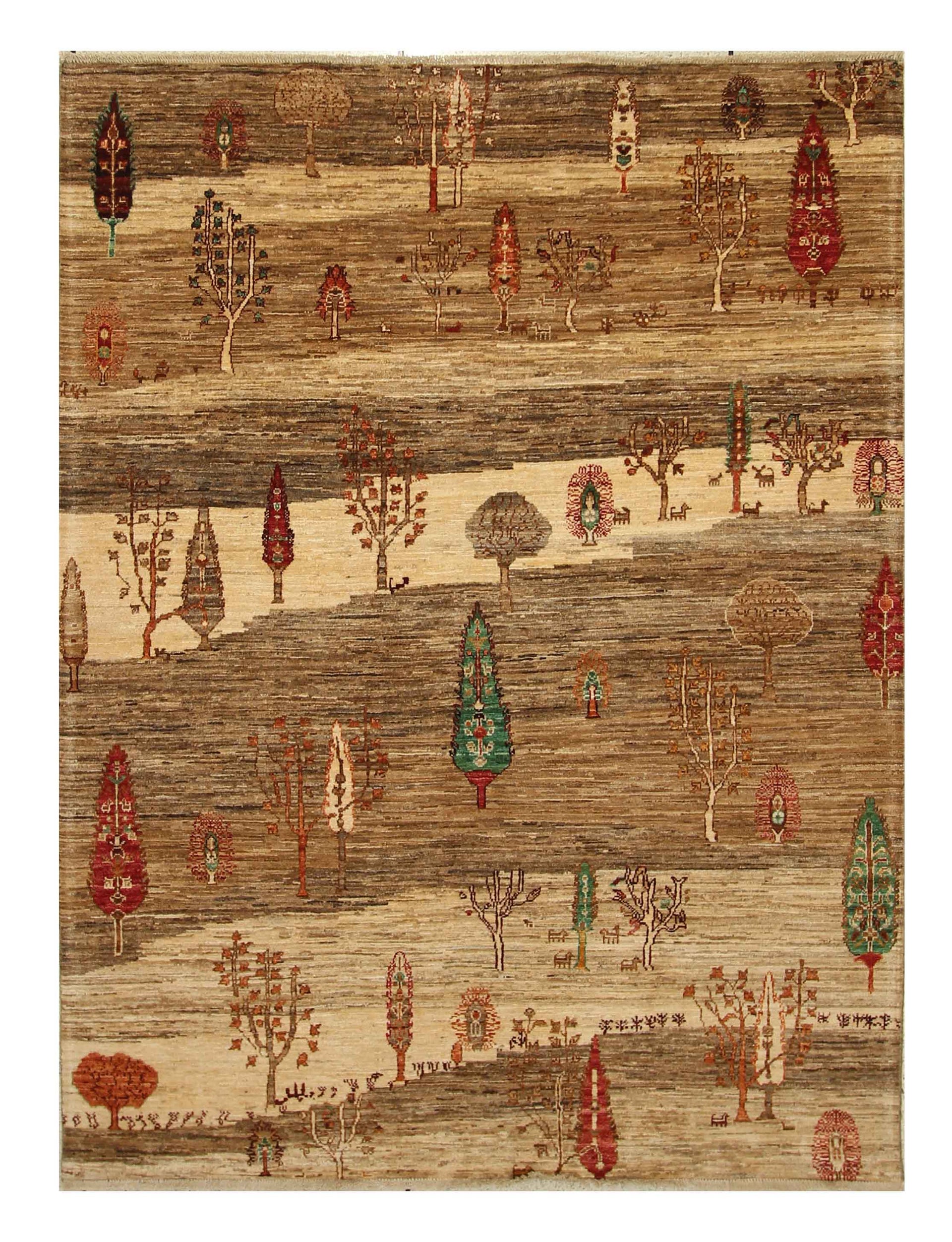 5x7 Beige Gabbeh Tree of Life Hand-Knotted Afghan Wool Rug - Yildiz Rugs