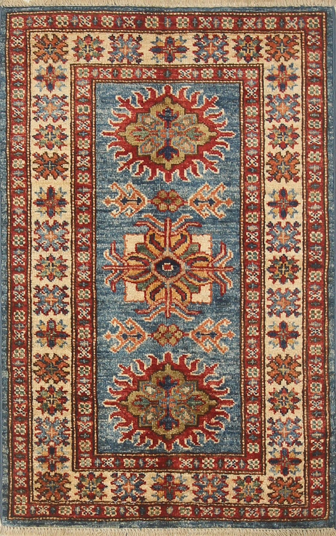 2x3 Blue Kazak Hand-Knotted Afghan Wool Rug - Yildiz Rugs