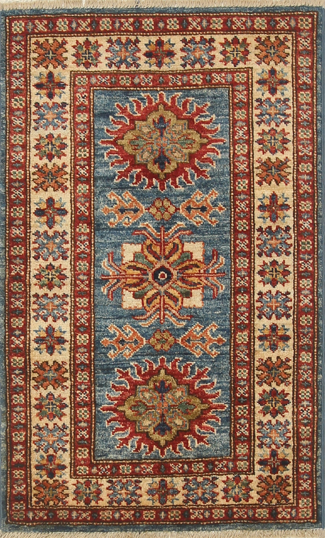 2x3 Blue Kazak Hand-Knotted Afghan Wool Rug - Yildiz Rugs
