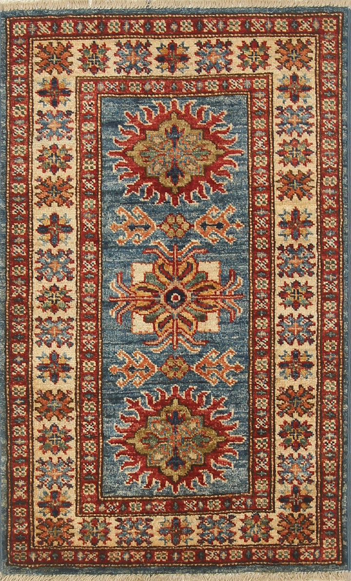 2x3 Blue Kazak Hand-Knotted Afghan Wool Rug - Yildiz Rugs